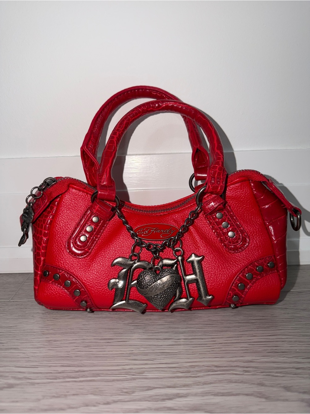 Ed Hardy Red mini Studded Satchel with Crossbody Strap
